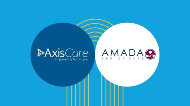 Amada Senior Care and AxisCare logos on blue background
