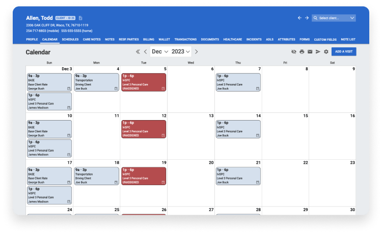 screenshot axiscare scheduling calendar
