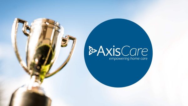 AxisCare home care software logo with trophy against blue sky